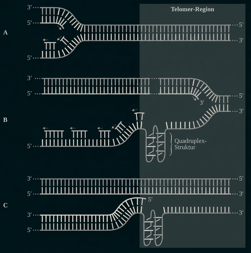 Schema der Telomer-Region mit DNA-Strukturen und Quadruplex-Bildung